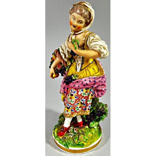 118 - A Bloor Derby figure of a maiden with a laden basket of fruit and holding a bunch of grapes, incised... 