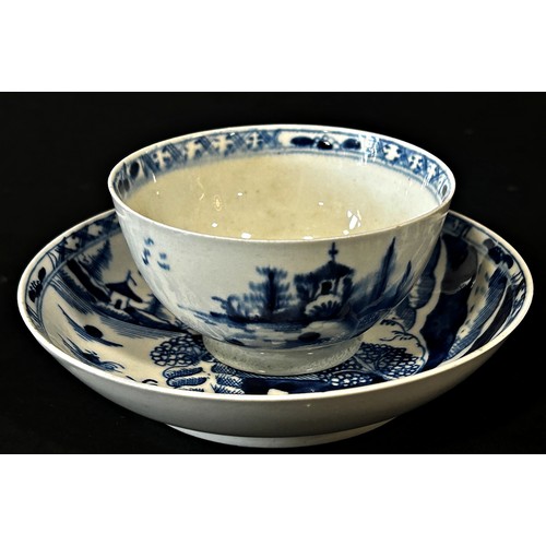 113 - An 18th century Lowestoft tea bowl and saucer with landscape detail, c.1785/90