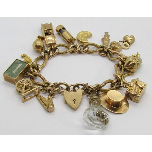 293 - Good quality 9ct charm bracelet with patent heart padlock push clasp, maker 'J.M', Birmingham, 1902,... 