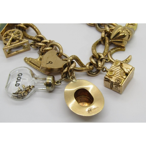 293 - Good quality 9ct charm bracelet with patent heart padlock push clasp, maker 'J.M', Birmingham, 1902,... 