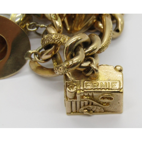 293 - Good quality 9ct charm bracelet with patent heart padlock push clasp, maker 'J.M', Birmingham, 1902,... 