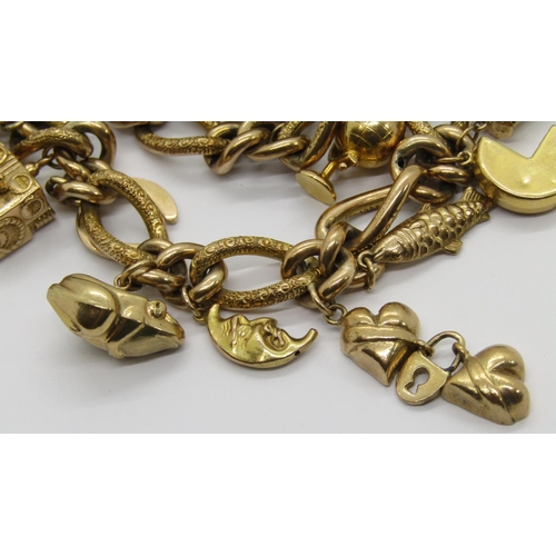 293 - Good quality 9ct charm bracelet with patent heart padlock push clasp, maker 'J.M', Birmingham, 1902,... 