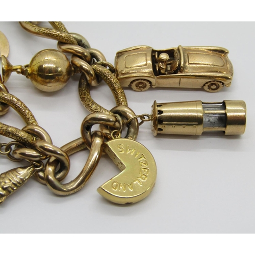 293 - Good quality 9ct charm bracelet with patent heart padlock push clasp, maker 'J.M', Birmingham, 1902,... 