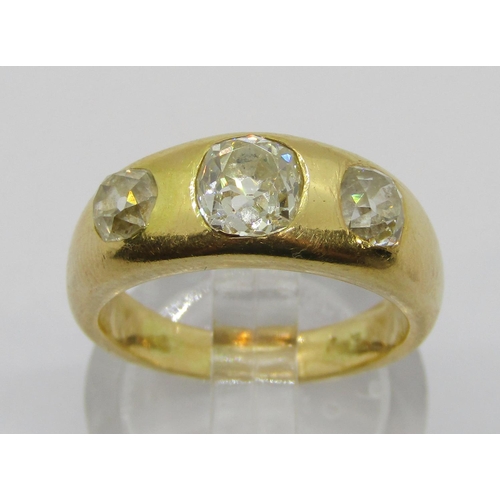 300 - Antique yellow metal old-cut diamond three stone gypsy ring, centre stone 0.75ct approx, outer stone... 