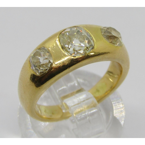 300 - Antique yellow metal old-cut diamond three stone gypsy ring, centre stone 0.75ct approx, outer stone... 