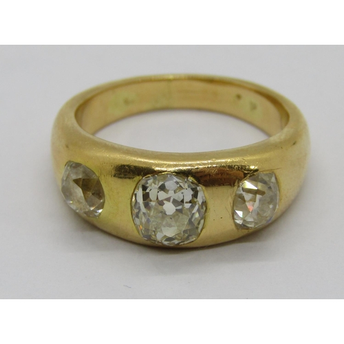 300 - Antique yellow metal old-cut diamond three stone gypsy ring, centre stone 0.75ct approx, outer stone... 