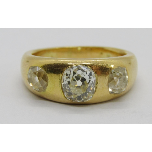 300 - Antique yellow metal old-cut diamond three stone gypsy ring, centre stone 0.75ct approx, outer stone... 