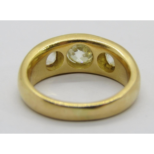 300 - Antique yellow metal old-cut diamond three stone gypsy ring, centre stone 0.75ct approx, outer stone... 