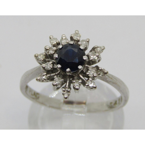 302 - Vintage 18ct white gold sapphire and diamond cluster ring with platinum setting, maker 'E&W', also s... 