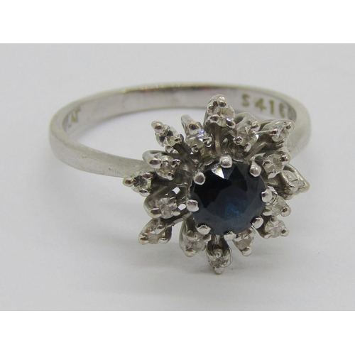 302 - Vintage 18ct white gold sapphire and diamond cluster ring with platinum setting, maker 'E&W', also s... 