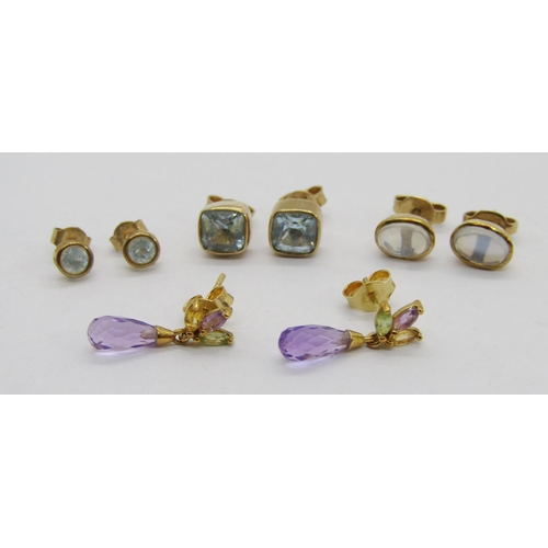 305 - Four pairs of gold gem set stud earrings comprising an 18ct multi gem pair with briolette-cut amethy... 