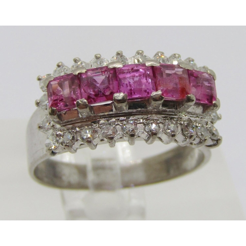 311 - 18k white gold princess-cut ruby and diamond cluster ring, maker 'TS', size N, 6.1g