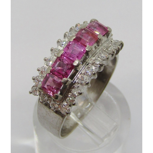 311 - 18k white gold princess-cut ruby and diamond cluster ring, maker 'TS', size N, 6.1g