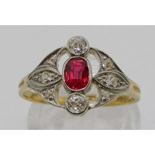 313 - Art Deco 18ct oval ruby and diamond panel ring, size O/P, 3.5g