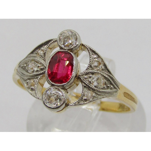 313 - Art Deco 18ct oval ruby and diamond panel ring, size O/P, 3.5g