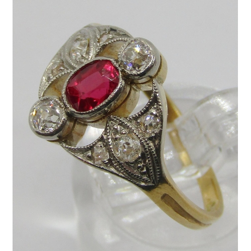 313 - Art Deco 18ct oval ruby and diamond panel ring, size O/P, 3.5g