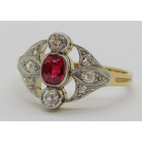 313 - Art Deco 18ct oval ruby and diamond panel ring, size O/P, 3.5g