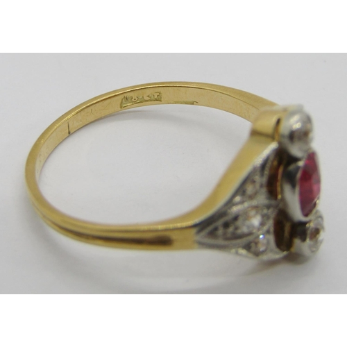 313 - Art Deco 18ct oval ruby and diamond panel ring, size O/P, 3.5g