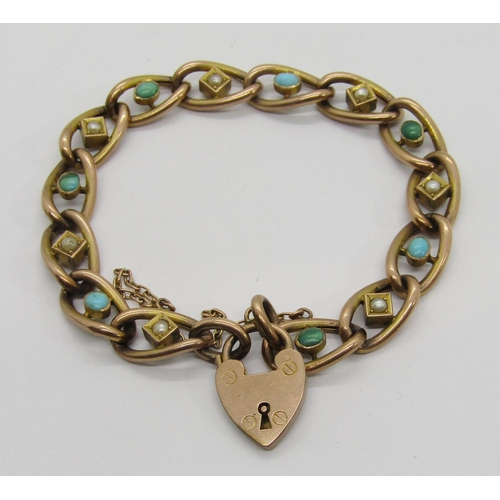 317 - Early 20th century 9ct fancy curb link bracelet set with turquoise and pearls, with heart padlock cl... 