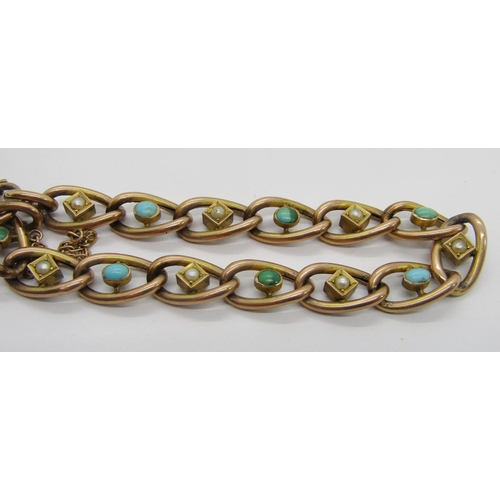 317 - Early 20th century 9ct fancy curb link bracelet set with turquoise and pearls, with heart padlock cl... 