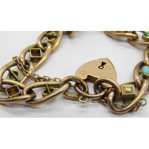 317 - Early 20th century 9ct fancy curb link bracelet set with turquoise and pearls, with heart padlock cl... 