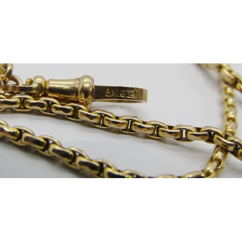 319 - Antique 9ct long guard chain, maker 'JM', 28.8g