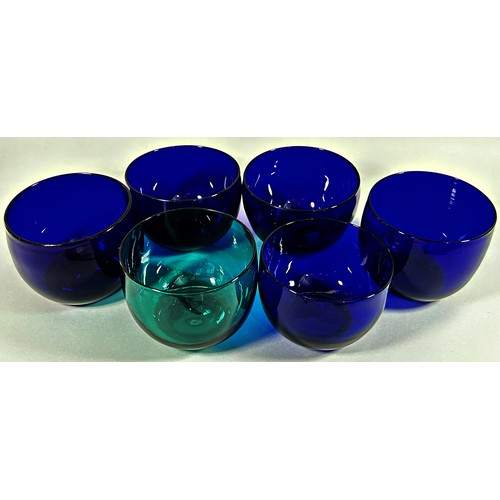 198 - Five similar Bristol Blue type glass bowls and a single green glass bowl, 12cm diameter