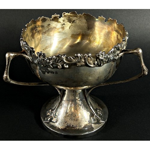 232 - A silver three handled Art Nouveau rose bowl, Birmingham 1906, maker W.H.L. 17 cm diameter x 15 cm h... 