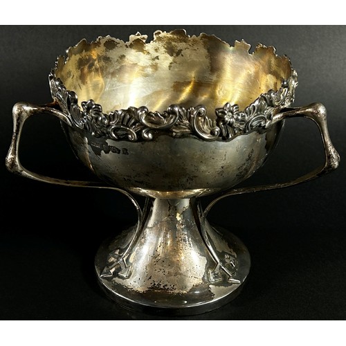 232 - A silver three handled Art Nouveau rose bowl, Birmingham 1906, maker W.H.L. 17 cm diameter x 15 cm h... 