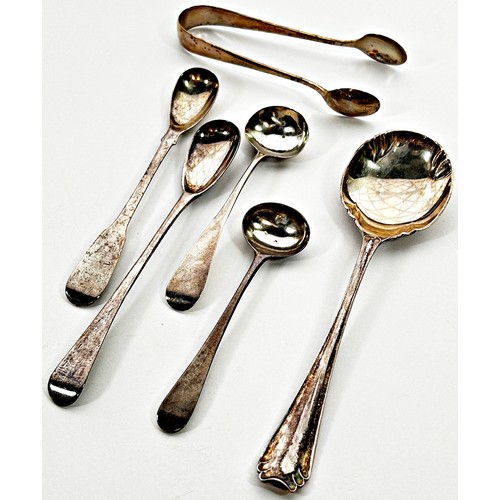 239 - A mixed selection of silver table including 3 forks, two sugar tongs, five various spoons, 11.7 oz a... 