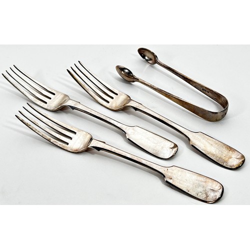 239 - A mixed selection of silver table including 3 forks, two sugar tongs, five various spoons, 11.7 oz a... 