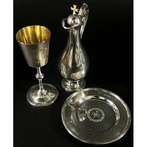 243 - A late Victorian army chaplin silver travelling communion set of ewer, chalice and paten, London 188... 