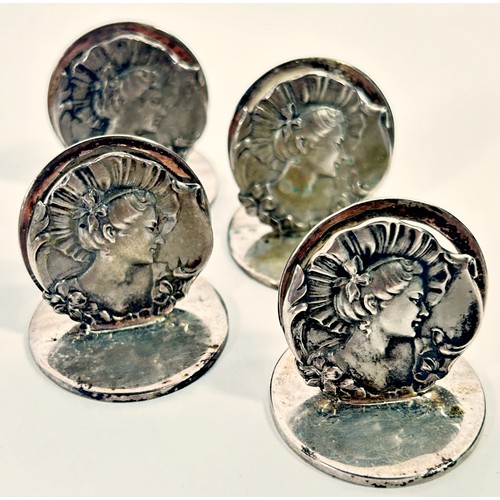 246 - A cased set of four Edwardian Art Nouveau menu holders with the profile of a lady, Birmingham 1907, ... 