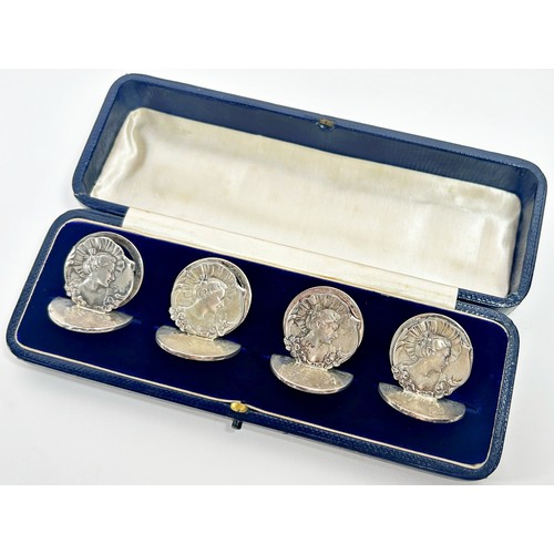 246 - A cased set of four Edwardian Art Nouveau menu holders with the profile of a lady, Birmingham 1907, ... 