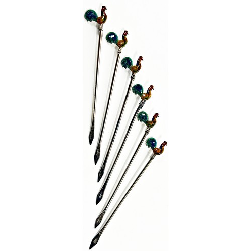 257 - Six silver cocktail sticks with enamel cockerels to the tops, Birmingham 1931, maker Adolph Scott, e... 