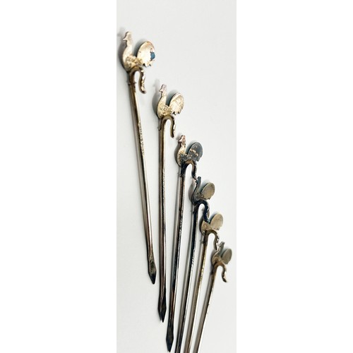 257 - Six silver cocktail sticks with enamel cockerels to the tops, Birmingham 1931, maker Adolph Scott, e... 