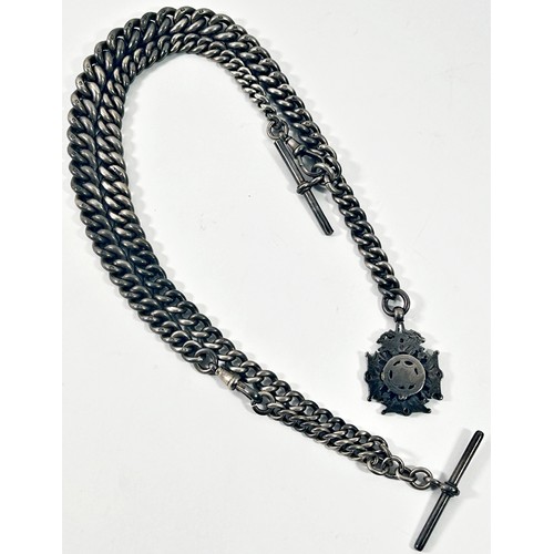 265 - A heavy silver Albert pocket watch chain (each link hallmarked) with a medallion, 5.5 oz, 74cm fully... 