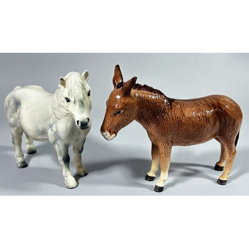 101 - Three Beswick horses to include an Appaloosa, A Grey and a moorland pony, donkey etc