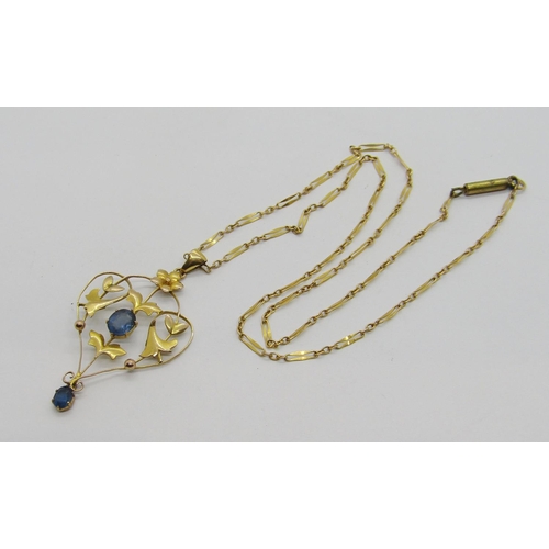 322 - Art Nouveau 9ct drop pendant necklace set with blue paste, 3.3g (replacement metal clasp to chain)