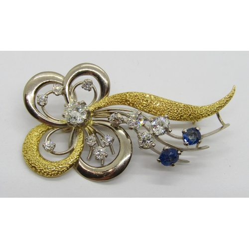 334 - Vintage stylised 18ct bi-colour diamond and sapphire floral spray brooch, diamonds ranging from 0.05... 