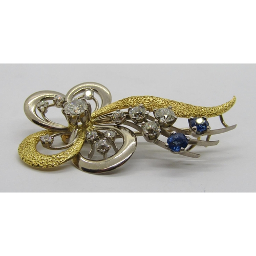 334 - Vintage stylised 18ct bi-colour diamond and sapphire floral spray brooch, diamonds ranging from 0.05... 