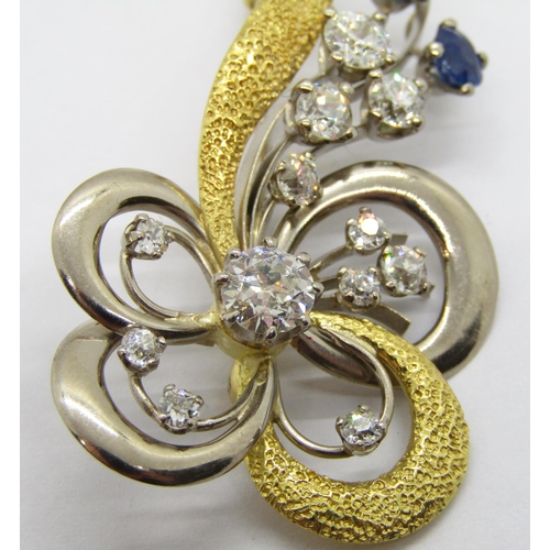 334 - Vintage stylised 18ct bi-colour diamond and sapphire floral spray brooch, diamonds ranging from 0.05... 