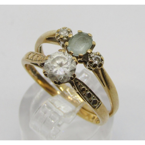 337 - 9ct aquamarine and diamond three stone ring, size Q/R and a further 9ct cubic zirconia solitaire exa... 