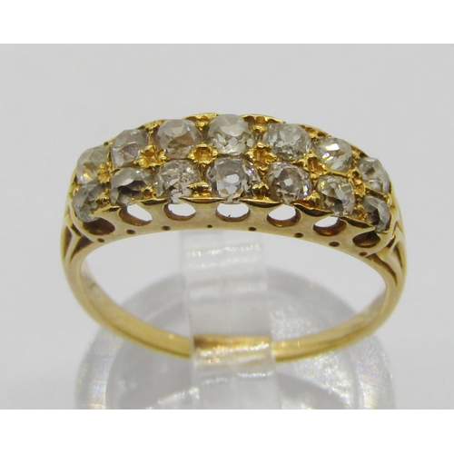 338 - Antique yellow metal double row diamond ring, set with fourteen old-cut stones in total, size N, 3.3... 