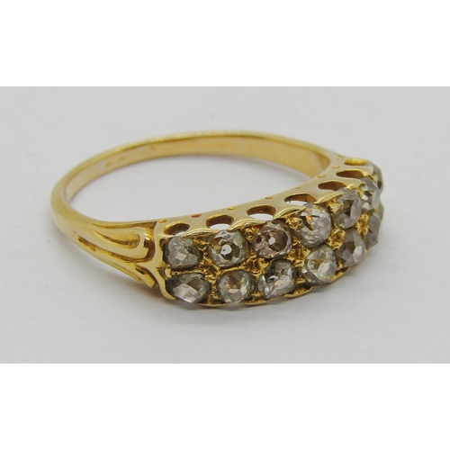 338 - Antique yellow metal double row diamond ring, set with fourteen old-cut stones in total, size N, 3.3... 