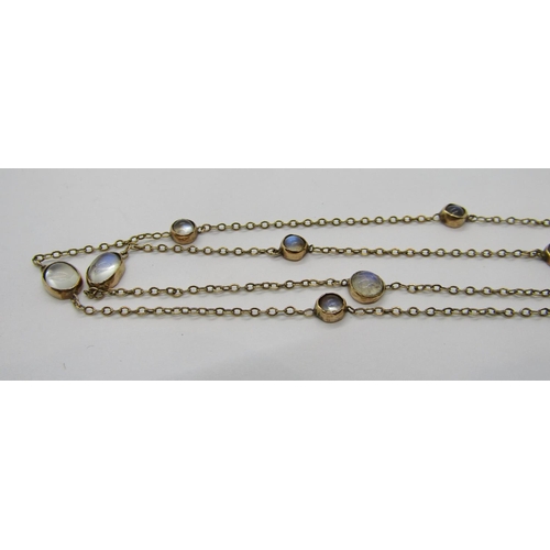 340 - Edwardian yellow metal chain necklace collet set with nine oval and round cabochon moonstones, 3.5g