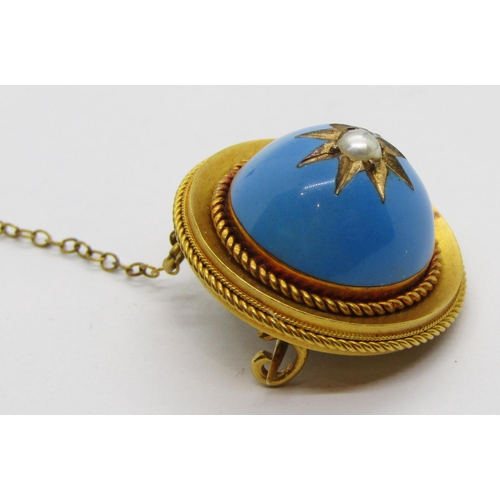 344 - Victorian yellow metal target brooch with domed turquoise enamel and pearl in star-cut setting, 2.3c... 