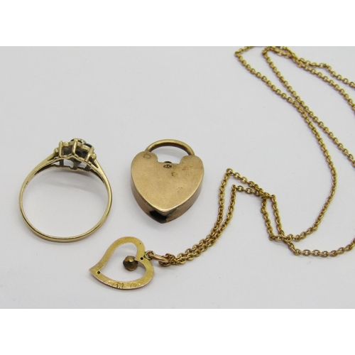 345 - Group of 9ct jewellery comprising a heart padlock clasp, a heart pendant necklace set with a coral c... 