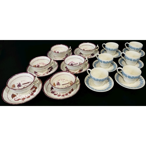 153 - A collection of six 19th century Sunderland teacups and saucers and six Wedgwood embossed Queens war... 