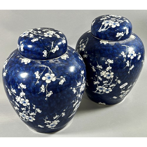 73 - A pair of Chinese oviform ginger jars and covers with hawthorn detail, 28cm high